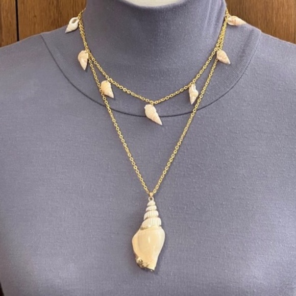 Seashell 2-Layer Boho Beach Handmade Gold Necklace, Real Spiral Seashells - Picture 7 of 16